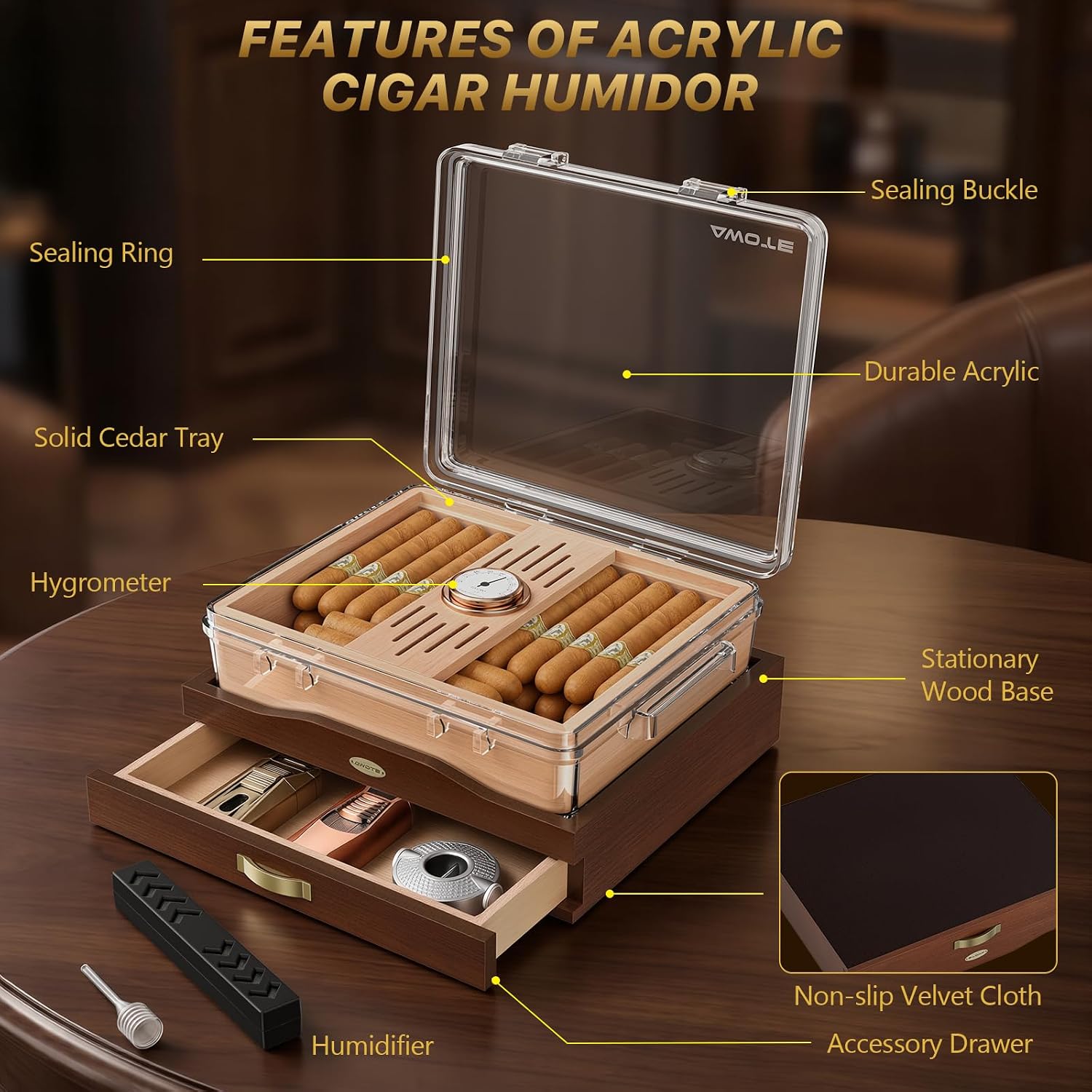 アクリル製葉巻ヒュミドールボックス、木製ベース付き卓上葉巻ケ - Home Fragrance Maple Walnut のレビューと価格