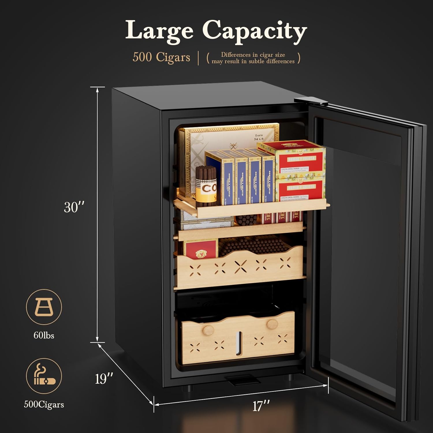 65L電動シガーヒュミドール、500本収納可能、大容量、イン - Home Fragrance Maple Walnut のレビューと価格