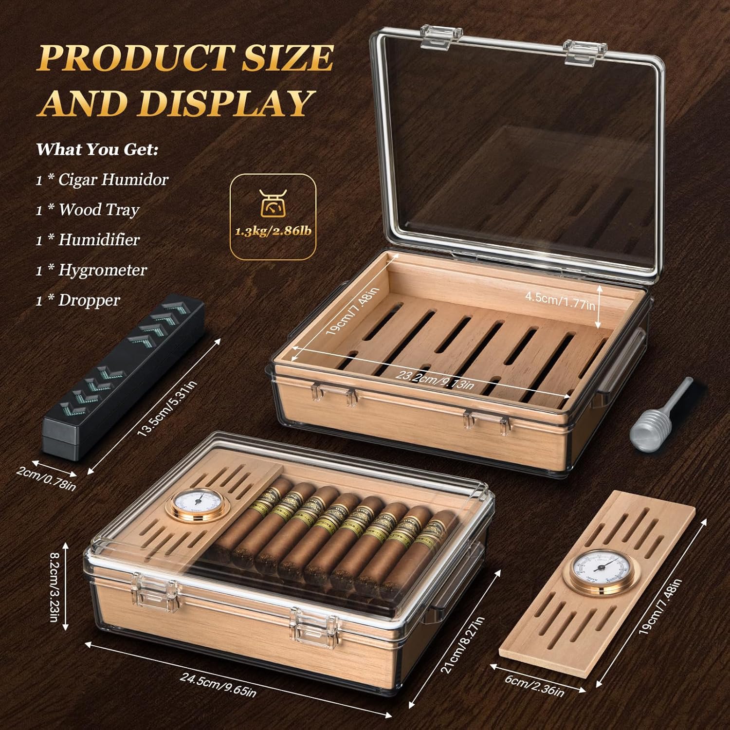 アクリル製葉巻ヒュミドール、湿度計付きボックス、加湿器と杉材 - Home Fragrance Maple Walnut のレビューと価格